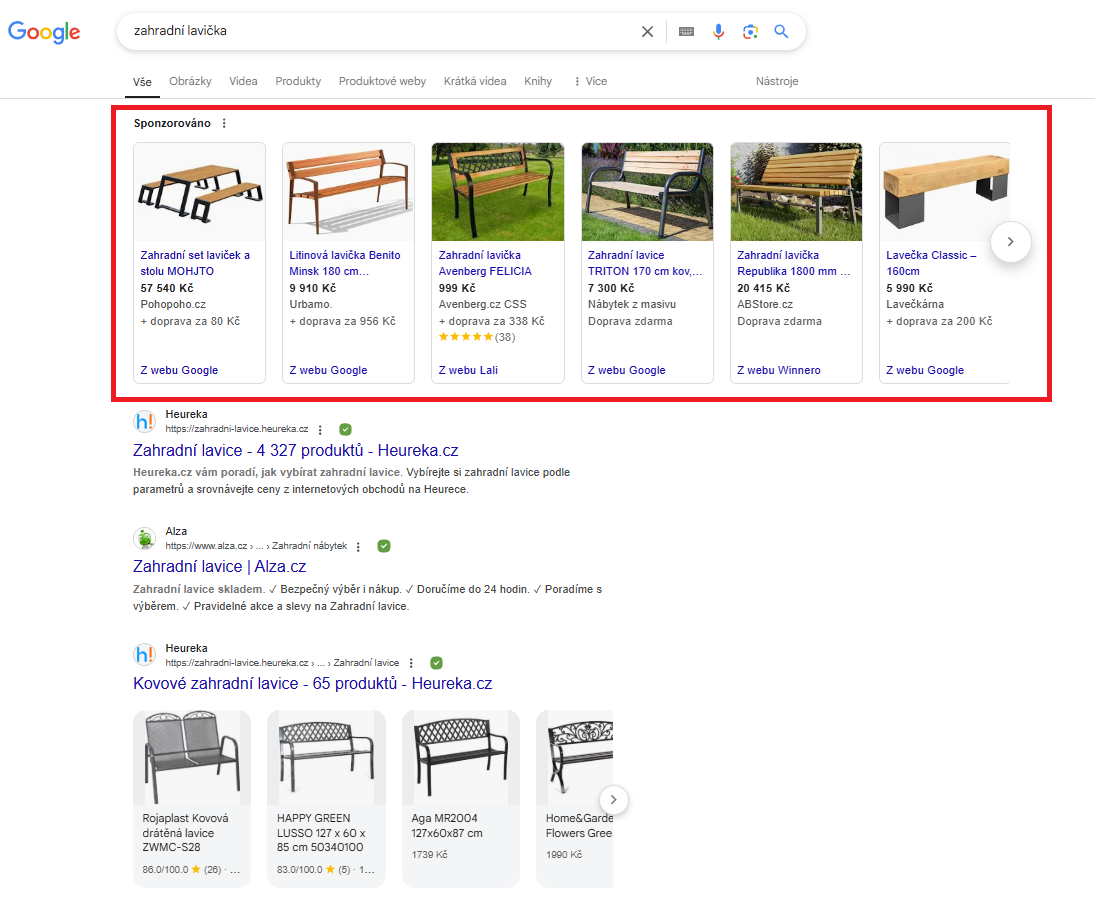 Zahradní lavička v Google